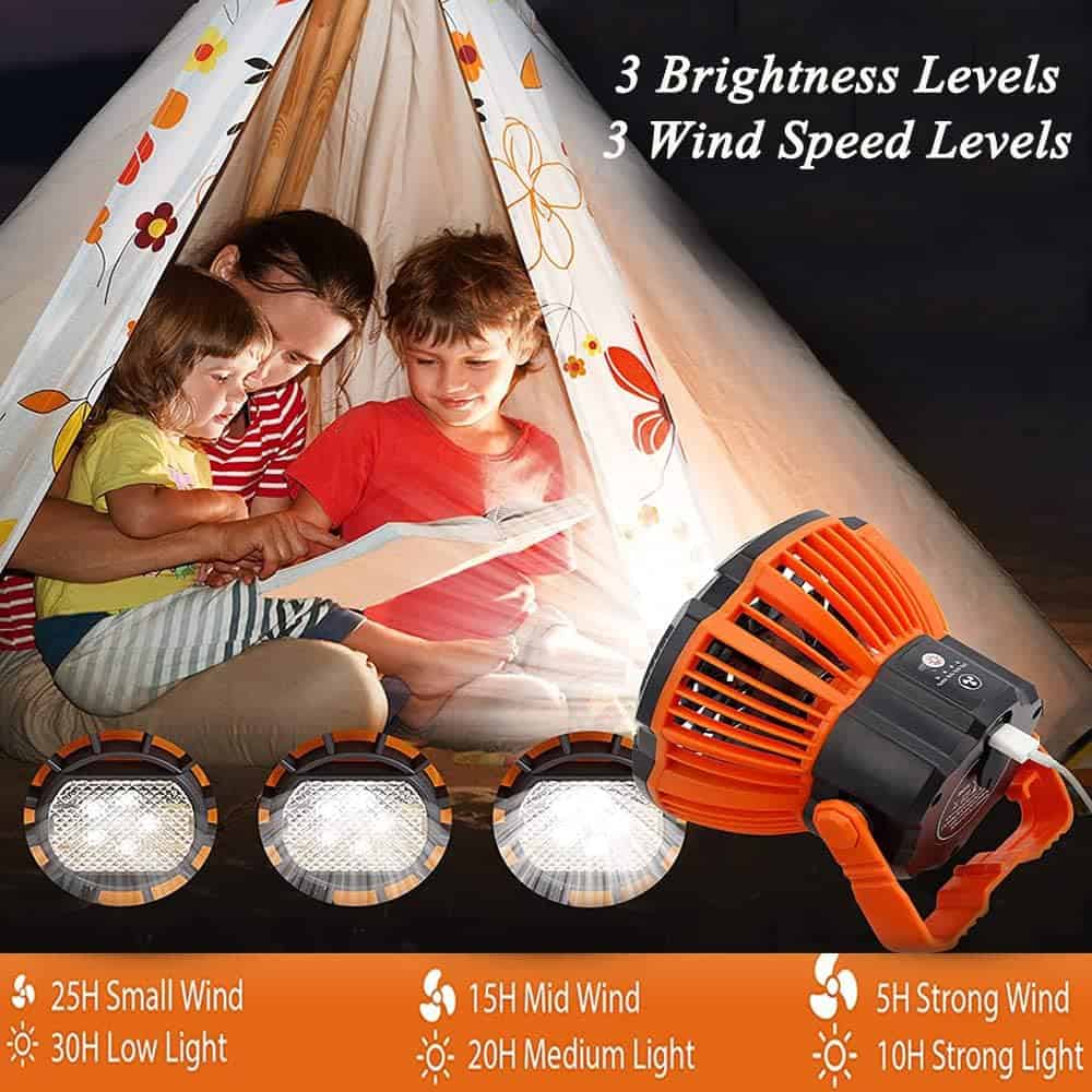 Portable Camping Fan,Rechargeable Fan USB Camping Gear with Hook and LED Lantern-5200mAh Battery Operated Fan,Camping Essentials Suitable for Picnic,BBQ,Travel Etc