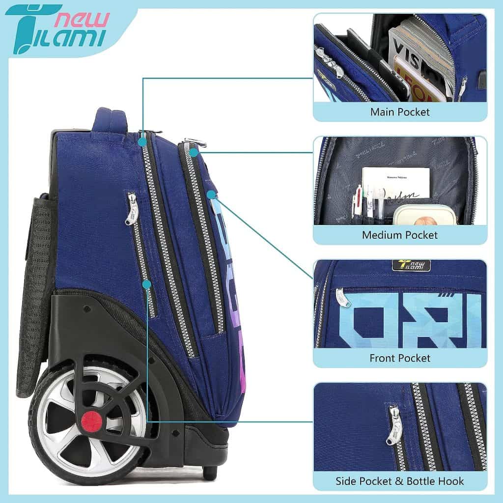 NEW TILAMI Rolling Backpack 19 inch Teens Rolling Backpack Cute Wheeled Computer Laptop Backpack Bookbag Roller Travel Bag College, Gear Blue