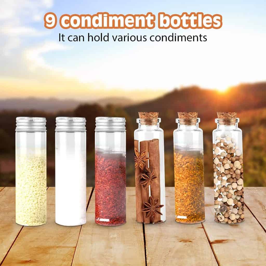 Portable Camping Spice Bag Kit: Travel Spice Kit with 9 Spice Jars Camping Spices Gear Camping Spice Containers Camping Seasoning Jars Kit Spice Container for Hiking Travel Picnic