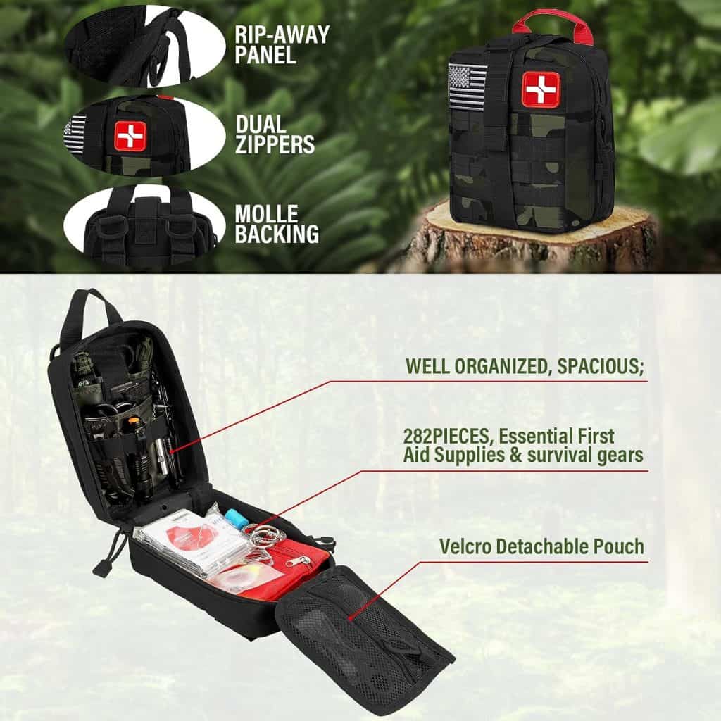 Survival First Aid Kit, Molle Medical Pouch 282PCS Outdoor Emergency Survival Gear and Equipment for Hiking Camping Hunting Car Boat Home Travel and Adventures, for Him Men (Black Camo)