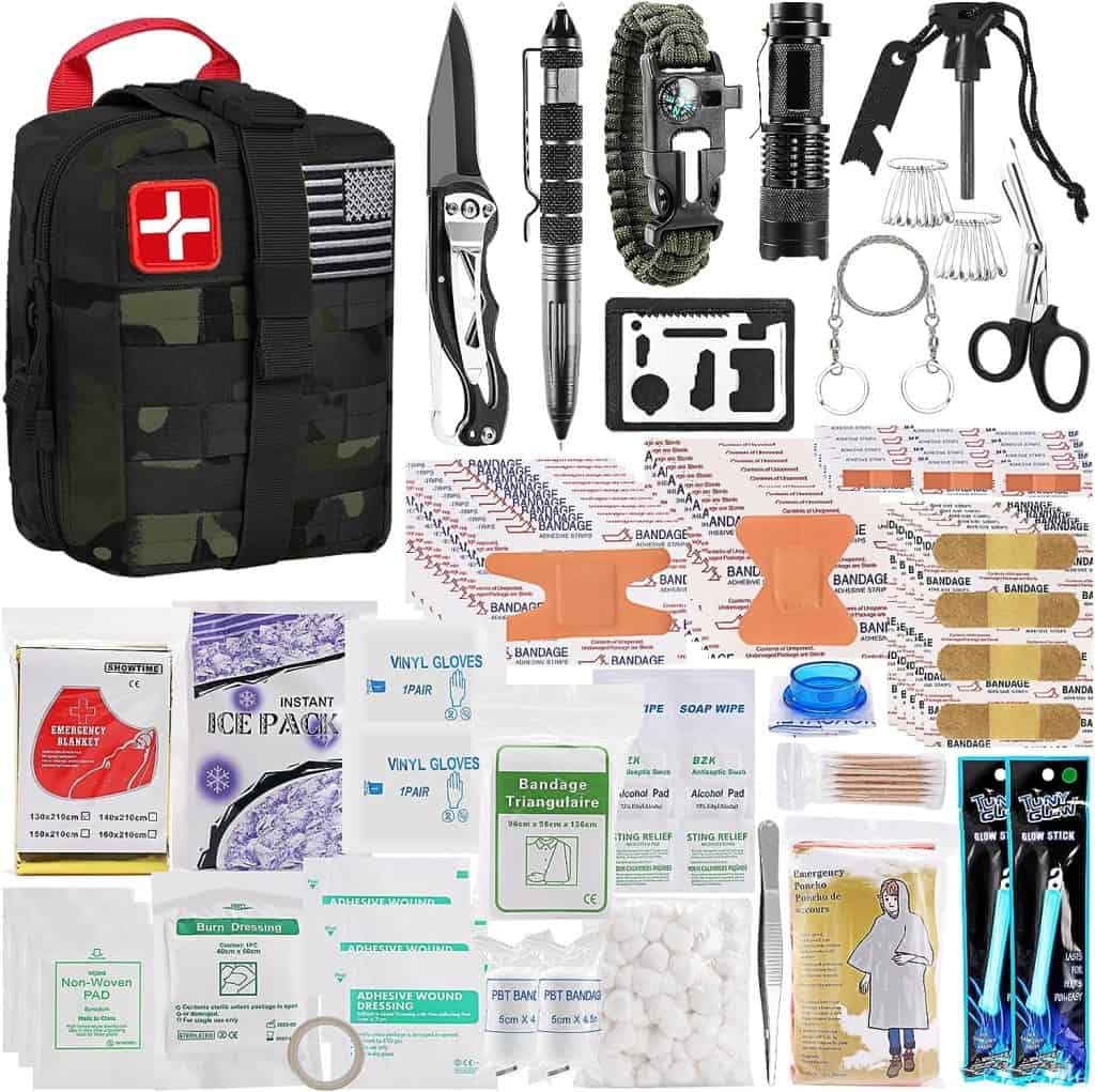 Survival First Aid Kit, Molle Medical Pouch 282PCS Outdoor Emergency Survival Gear and Equipment for Hiking Camping Hunting Car Boat Home Travel and Adventures, for Him Men (Black Camo)